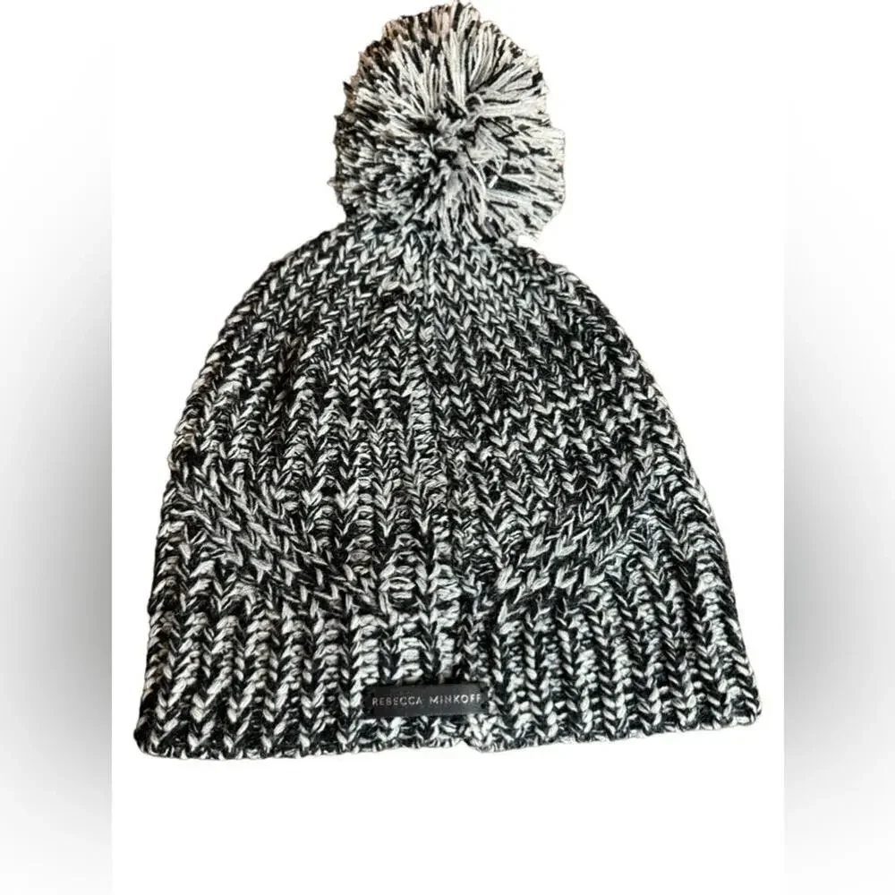 Rebecca Minkoff Black & White Marled Knit Pom Beanie One Size